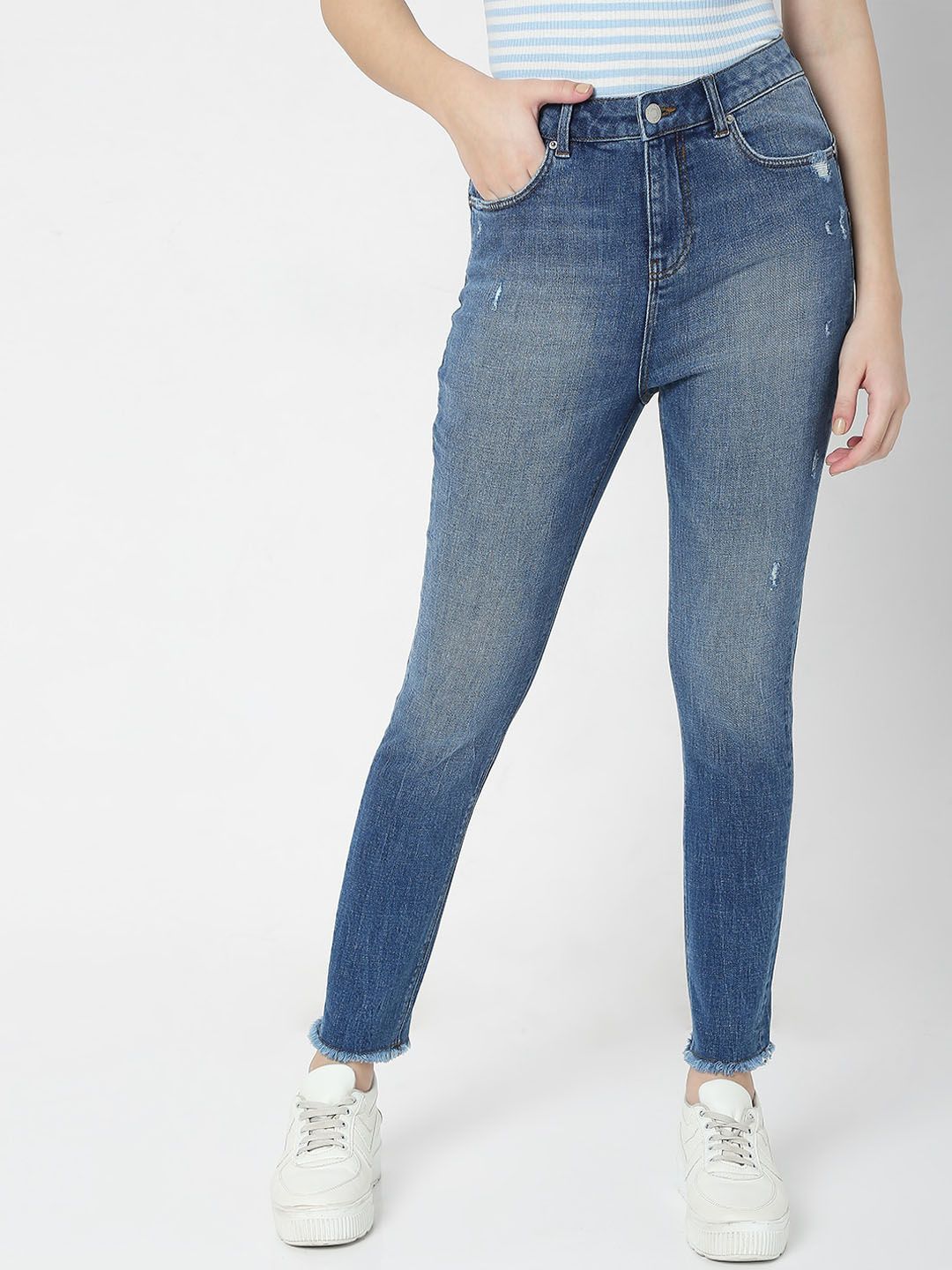 Vero Moda Women Blue Skinny Fit High-Rise Slash Knee Jeans Price in India