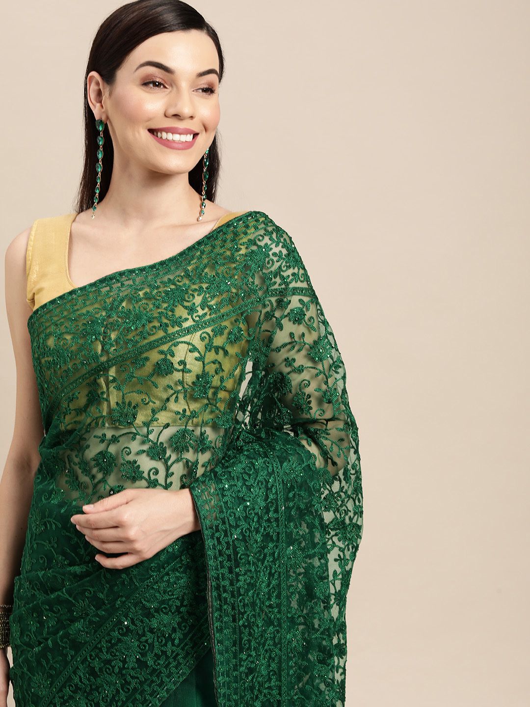 Pothys Green Ethnic Motifs Sequinned Net Saree