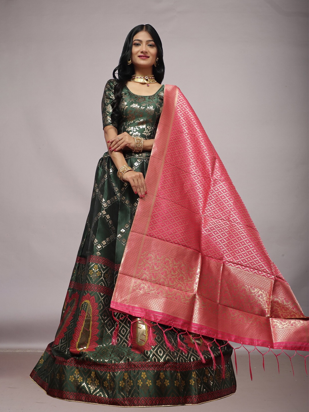 Ekta Textiles Green & Pink Semi-Stitched Lehenga & Blouse With Dupatta Price in India