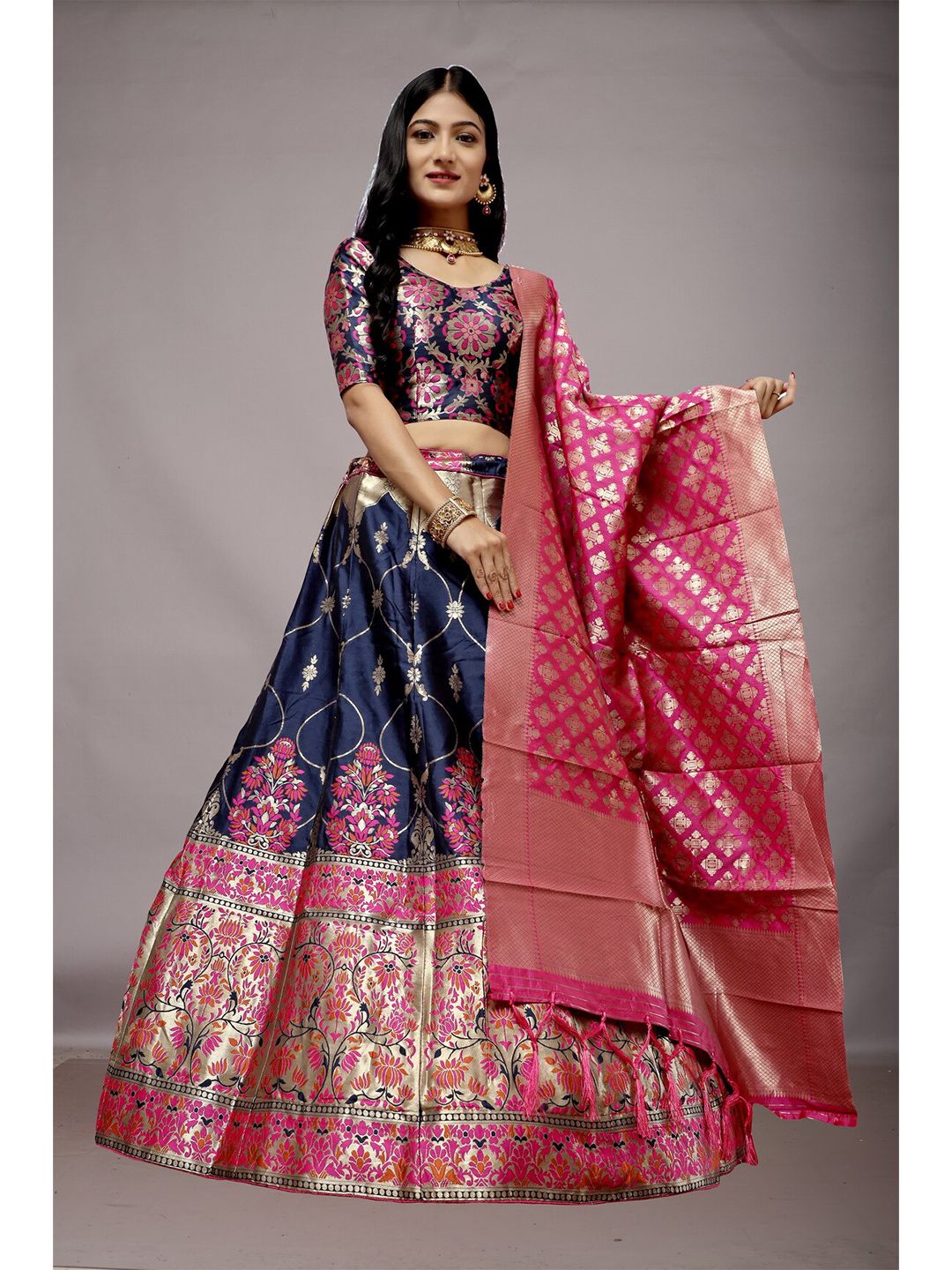Ekta Textiles Navy Blue & Pink Unstitched Lehenga & Semi-Stitched Blouse With Dupatta Price in India