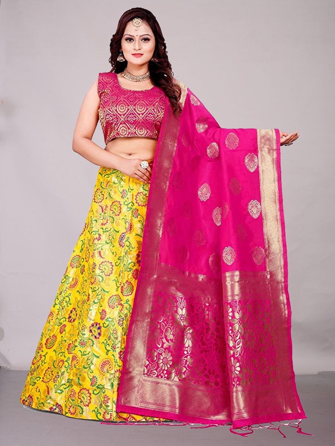 Ekta Textiles Yellow & Pink Unstitched Lehenga & Semi-Stitched Blouse With Dupatta Price in India