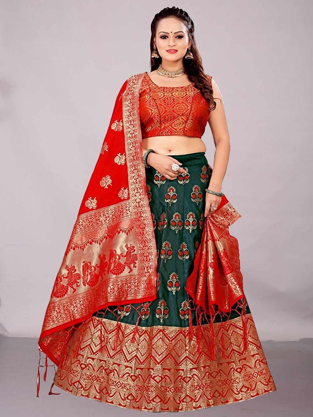 Ekta Textiles Green & Red Unstitched Lehenga & Semi-Stitched Blouse With Dupatta Price in India