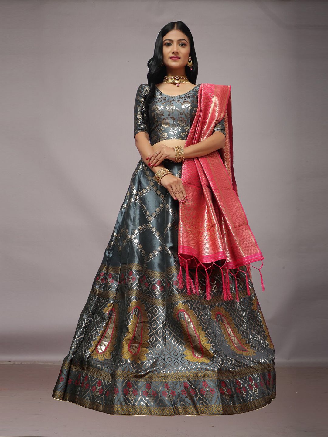 Ekta Textiles Grey & Peach-Coloured Unstitched Lehenga & Semi-Stitched Blouse With Dupatta Price in India