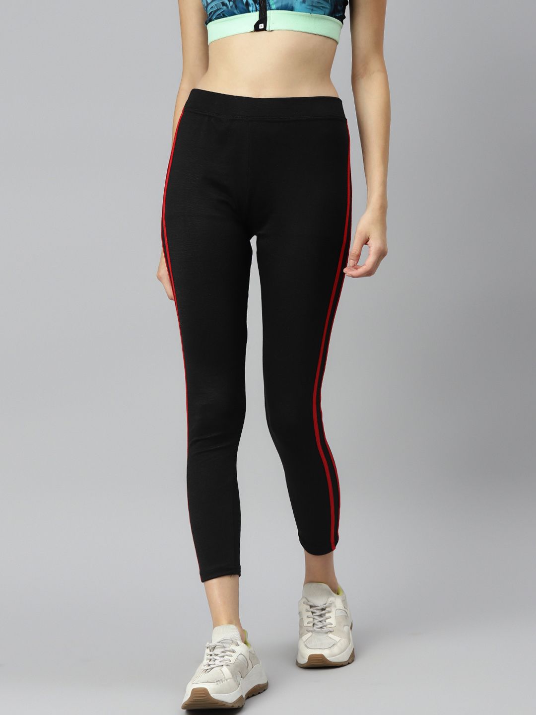 Aarika Women Black & Red Solid Pure Cotton Regular Gym Tights Price in India