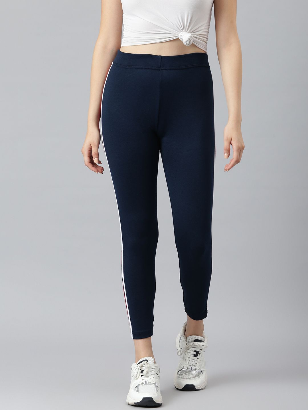 Aarika Women Navy Blue Side Striped Rapid-Dry Cropped Track Pant Price in India