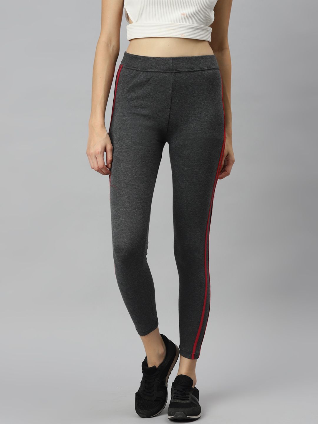 Aarika Women Charcoal Grey & Red Side Striped Rapid-Dry Track Pants Price in India