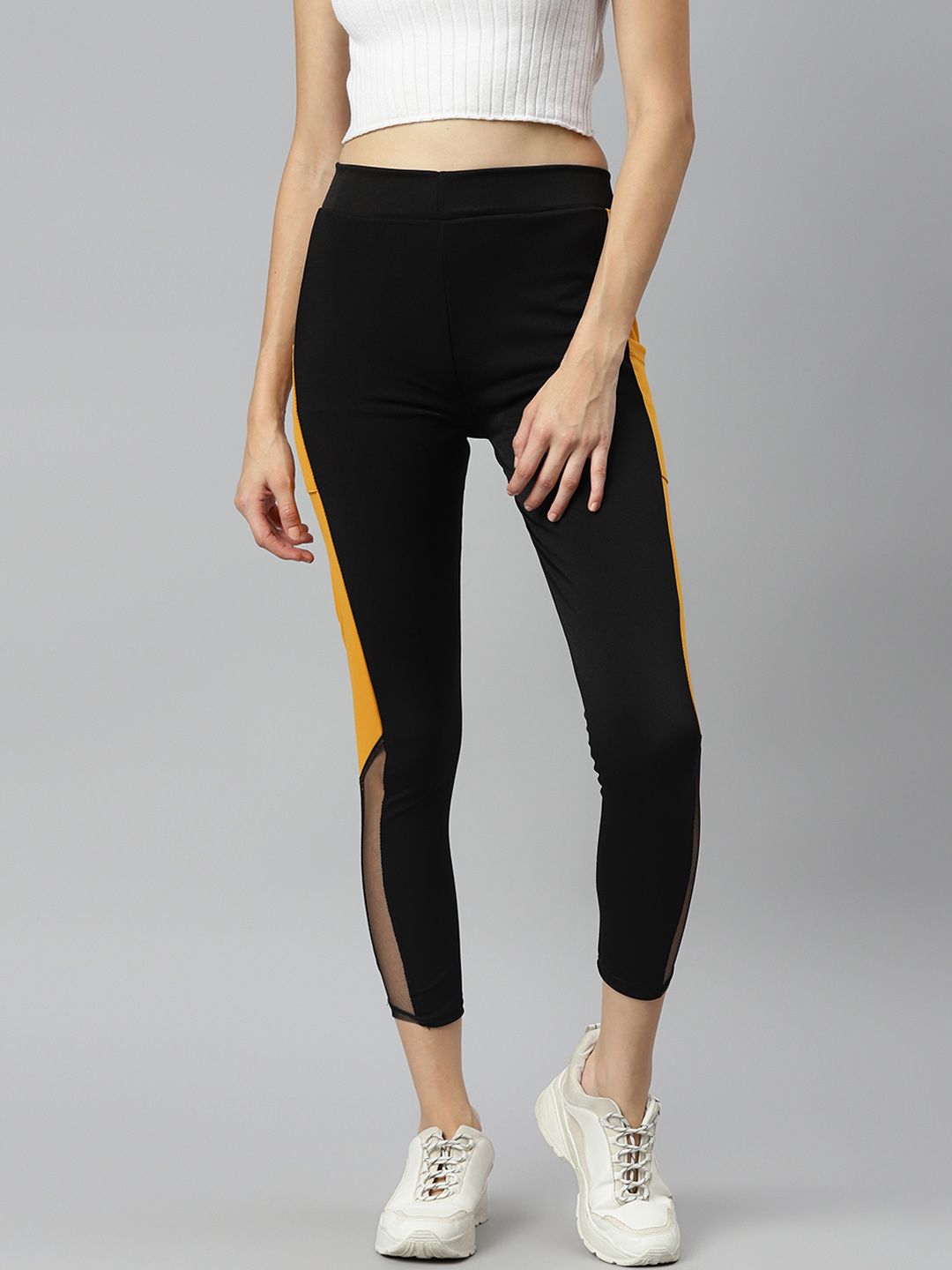 Aarika Women Black & Mustard Yellow Pure Cotton Solid Regular Gym Tights Price in India