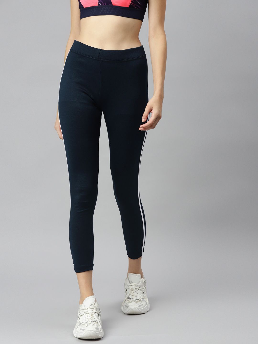 Aarika Women Navy Blue & White Pure Cotton Striped Regular Gym Tights Price in India