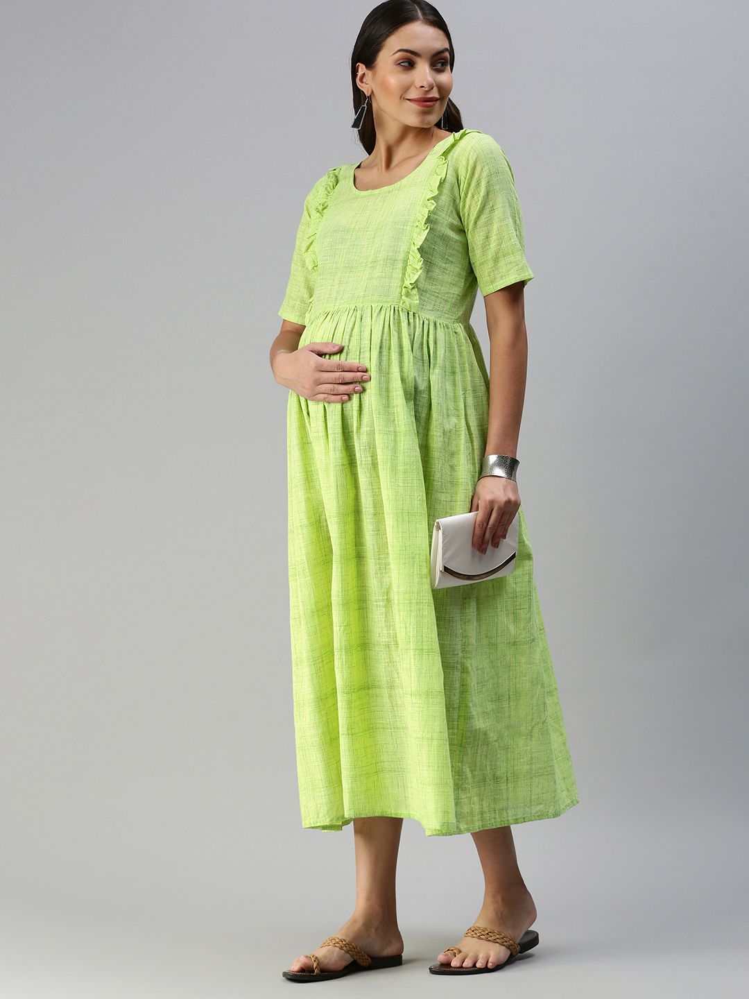 Swishchick Lime Green Woven Design Handloom Maternity A-Line Midi Dress Price in India