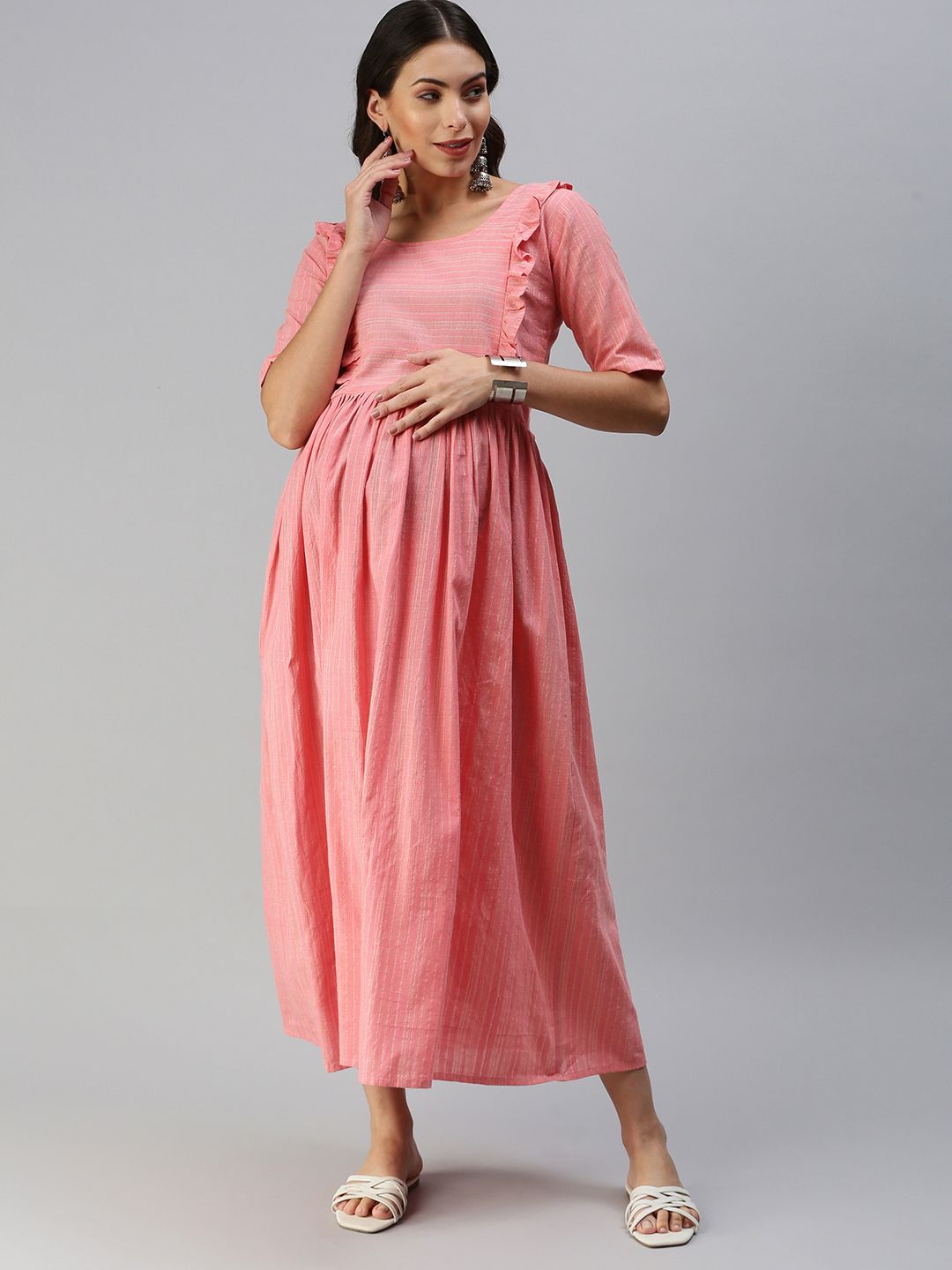 Swishchick Pink Woven Design Handloom Maternity A-Line Midi Dress Price in India