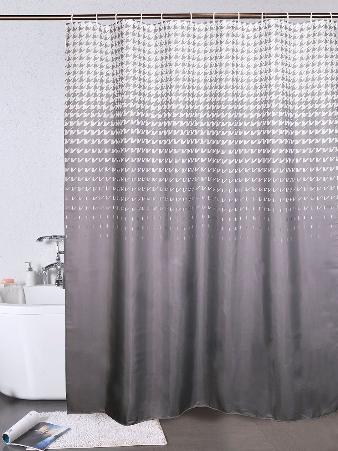 OBSESSIONS Grey  & White Printed Water Repellent Shower Curtain Price in India
