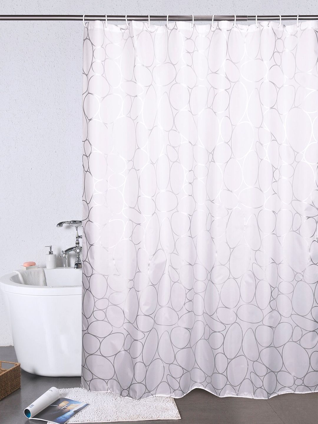 OBSESSIONS Silver & White Printed Sheer Shower Curtain Price in India