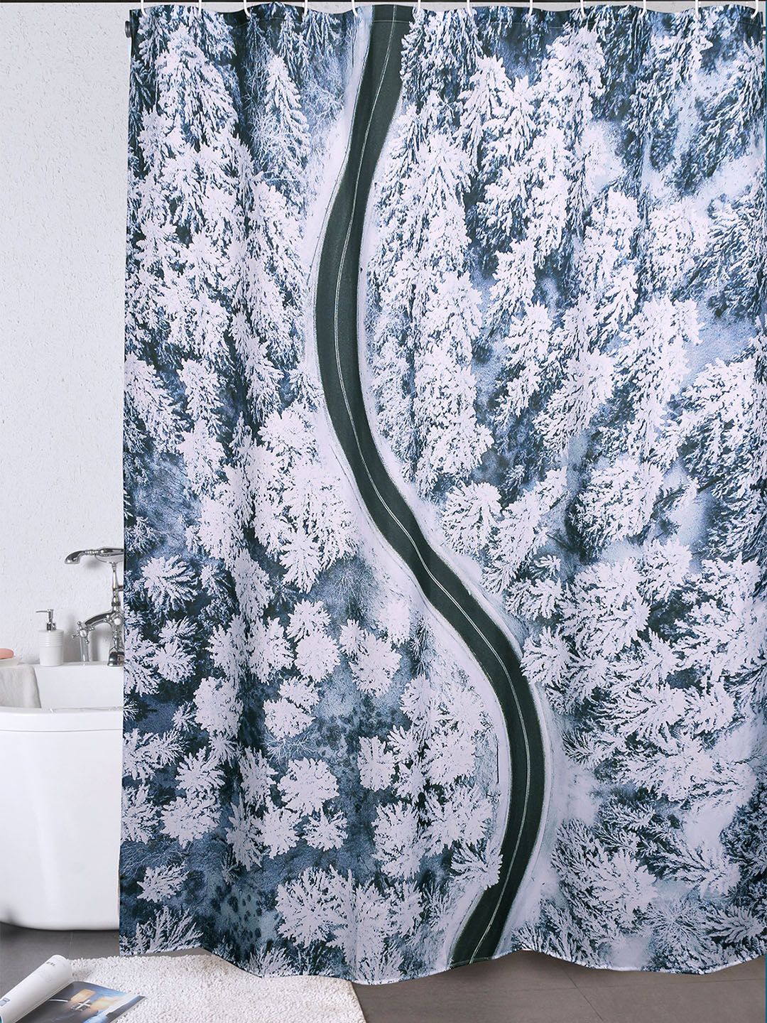 OBSESSIONS Blue & White Printed Shower Curtain Price in India