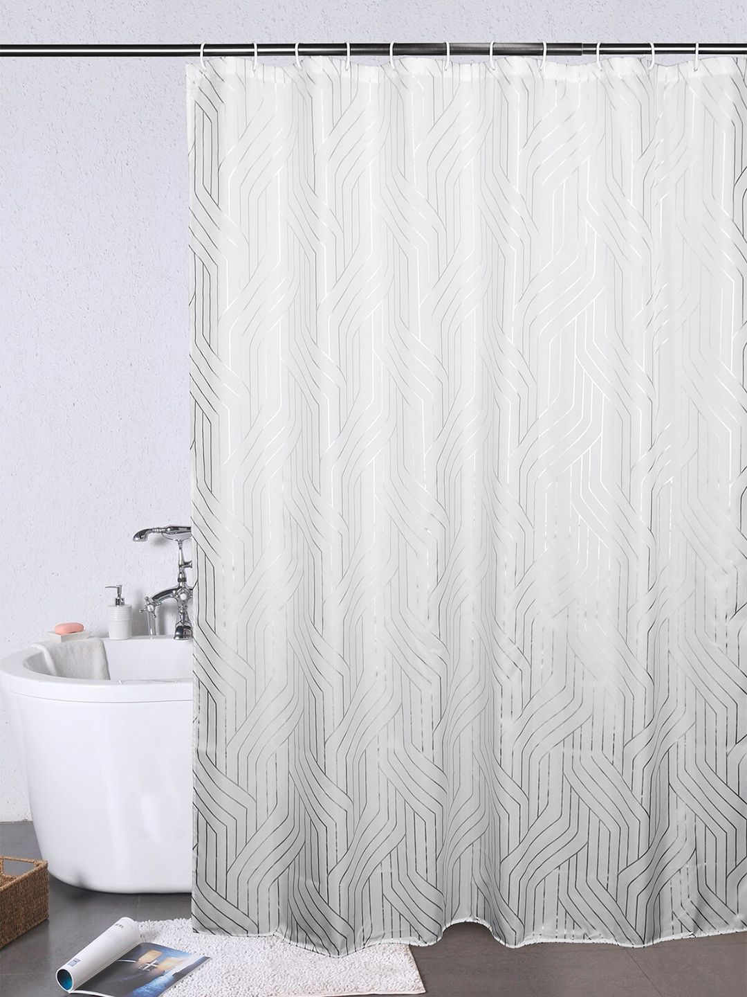 OBSESSIONS Silver-Colored & White Printed Shower Curtain Price in India