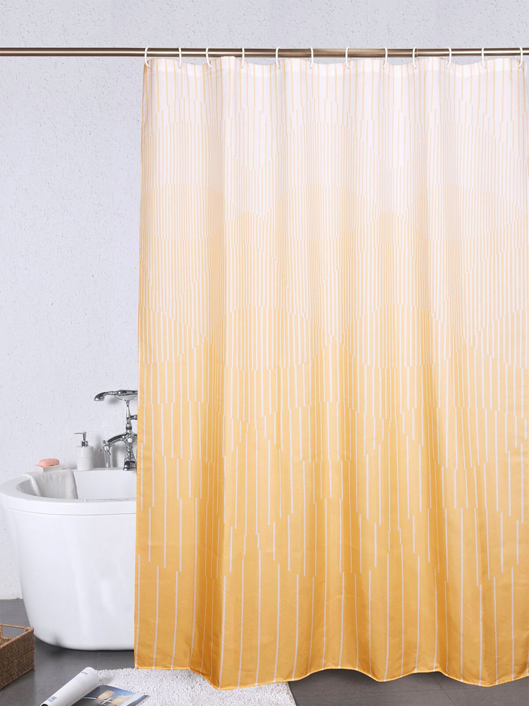 OBSESSIONS Yellow & White Striped Water Repellent Shower Curtain Price in India