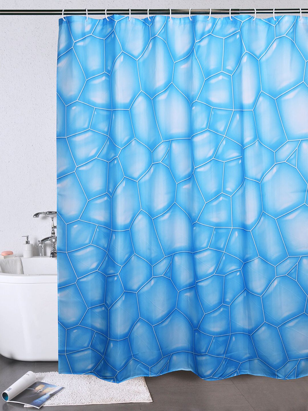 OBSESSIONS  Blue & White Water Repellent Shower Curtain With 12 Hooks Price in India