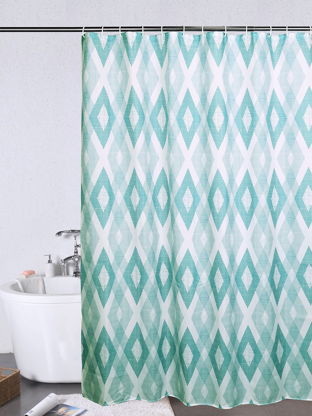 OBSESSIONS Blue & White Geometric Printed Water Repellent Shower Curtain Price in India