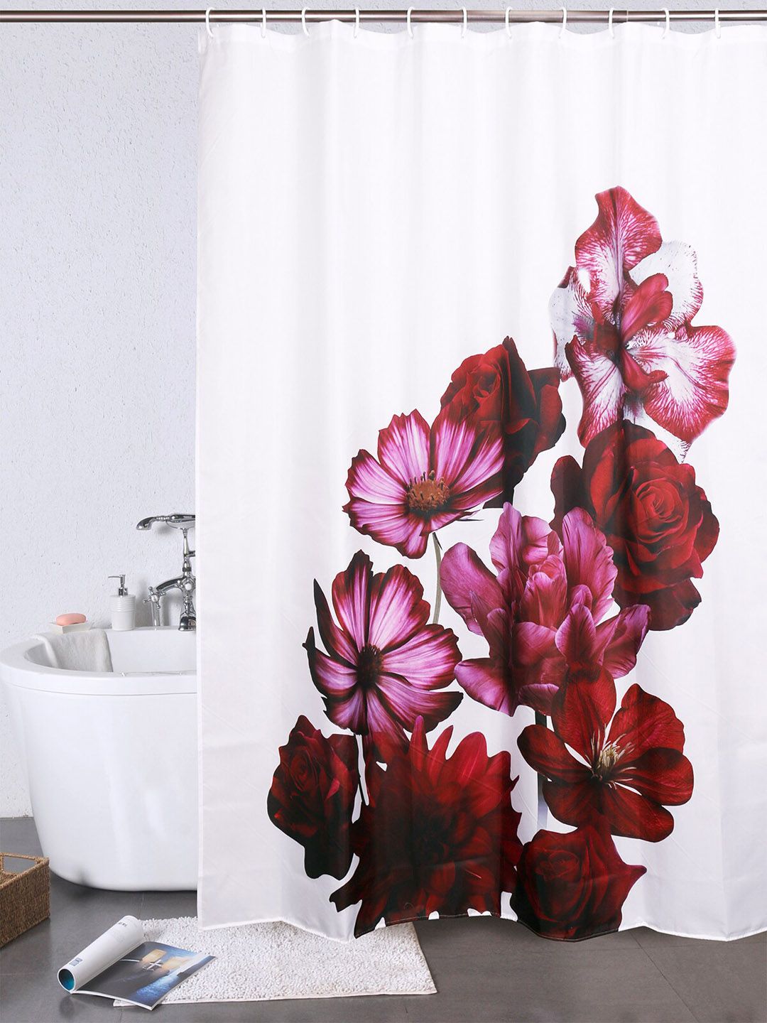 OBSESSIONS Red & White Printed Water Repellent Shower Curtain Price in India