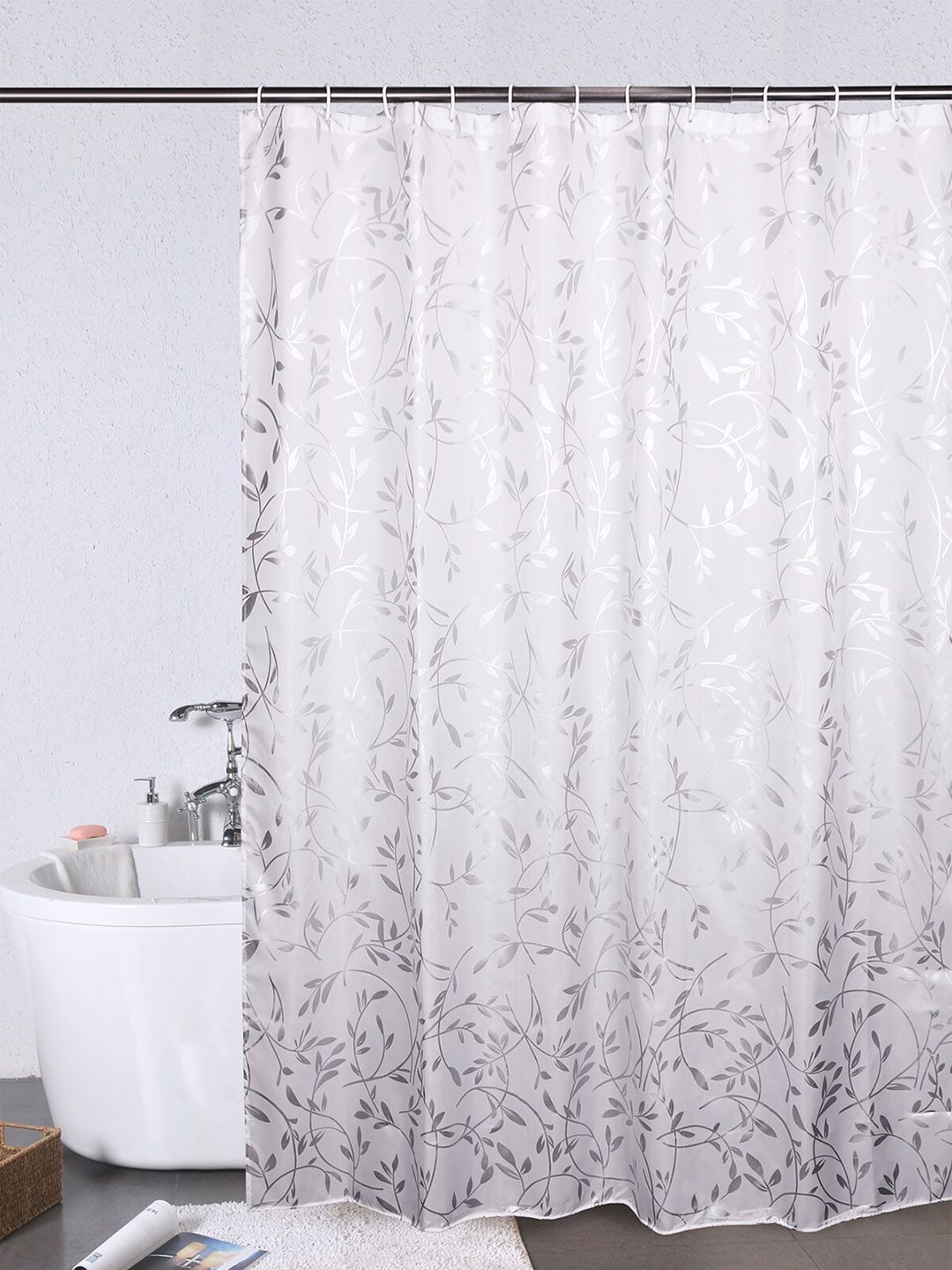 OBSESSIONS Silver-Coloured Printed Water Repellent Shower Curtain With 12 Hooks Price in India