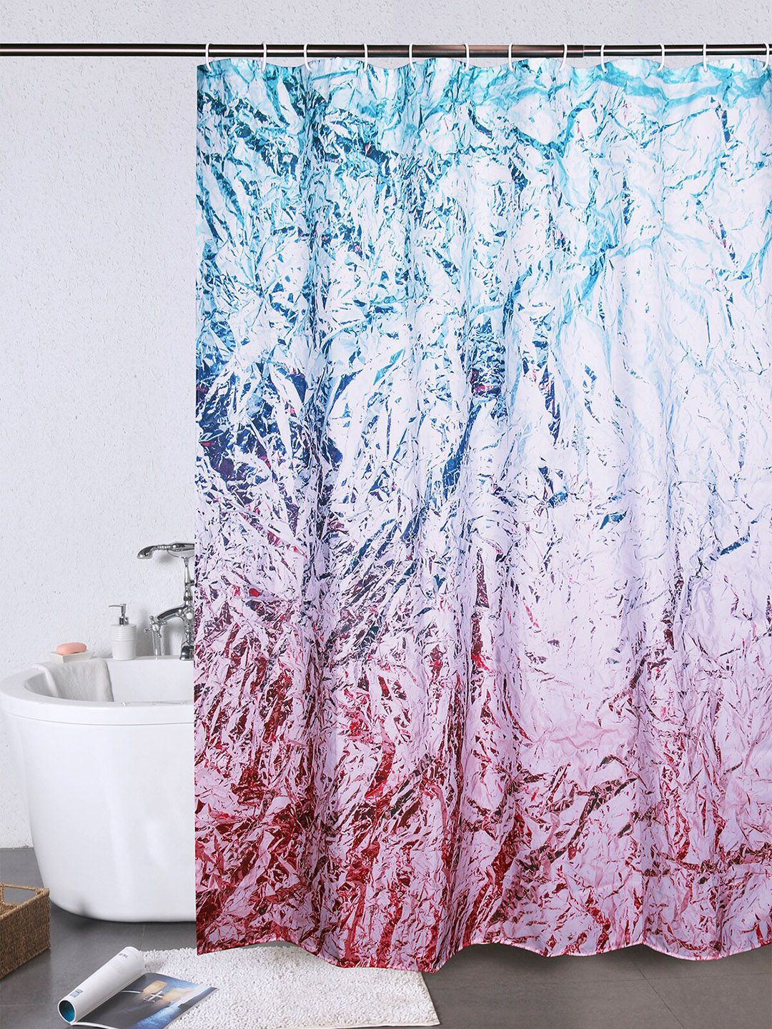 OBSESSIONS Whit & Blue Printed Sheer Shower Curtain Price in India