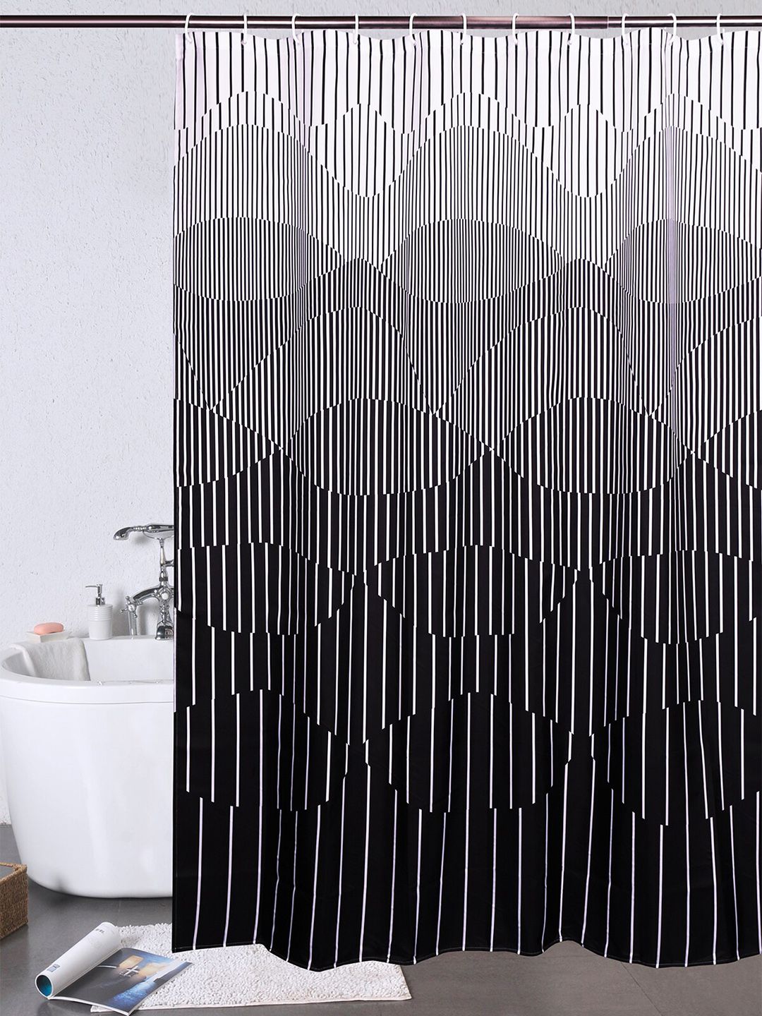 OBSESSIONS White & Black Printed Water Repellent Shower Curtain With 12 Hooks Price in India