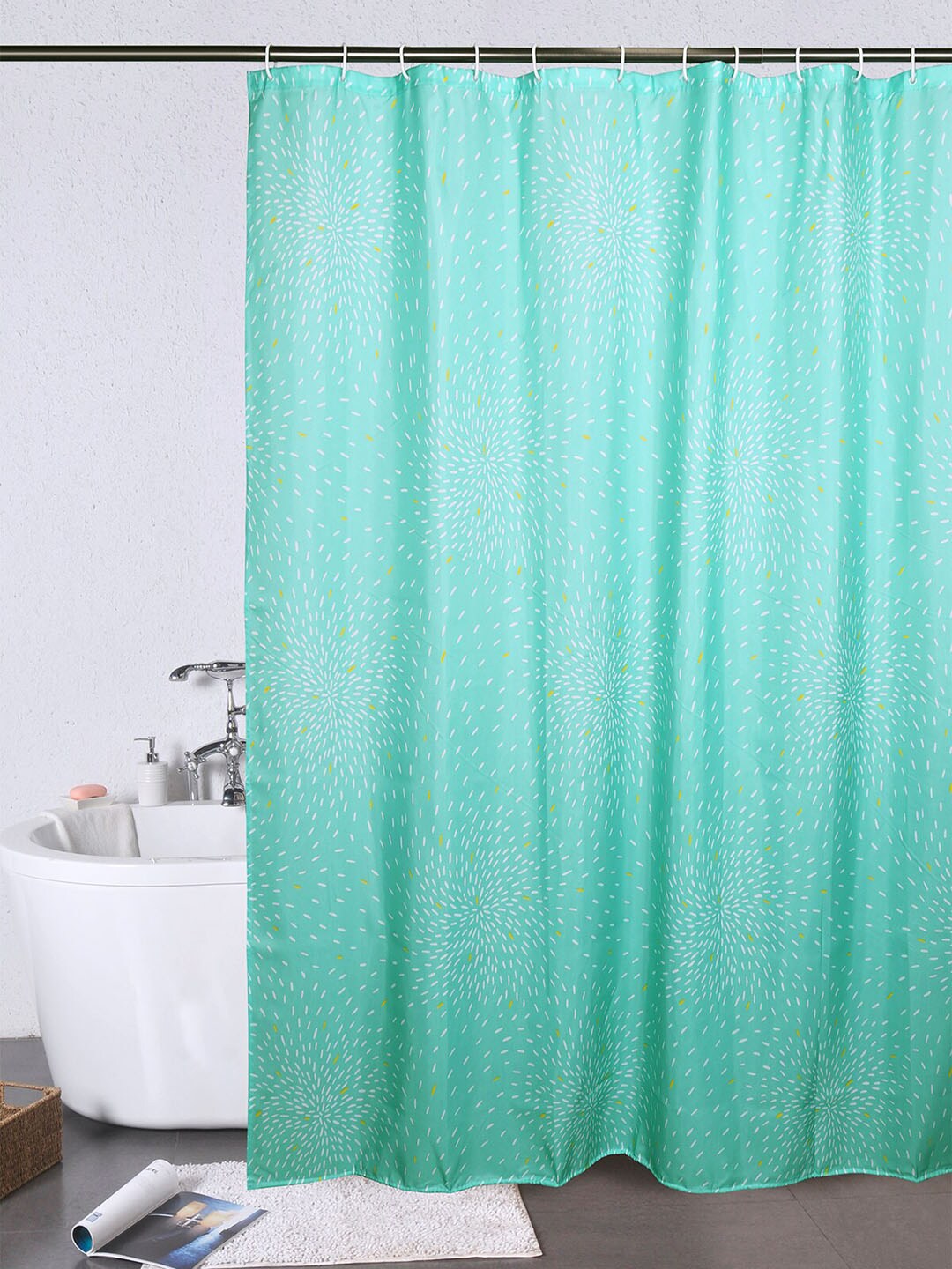 OBSESSIONS Turquoise Blue & White Printed Sheer Shower Curtain Price in India