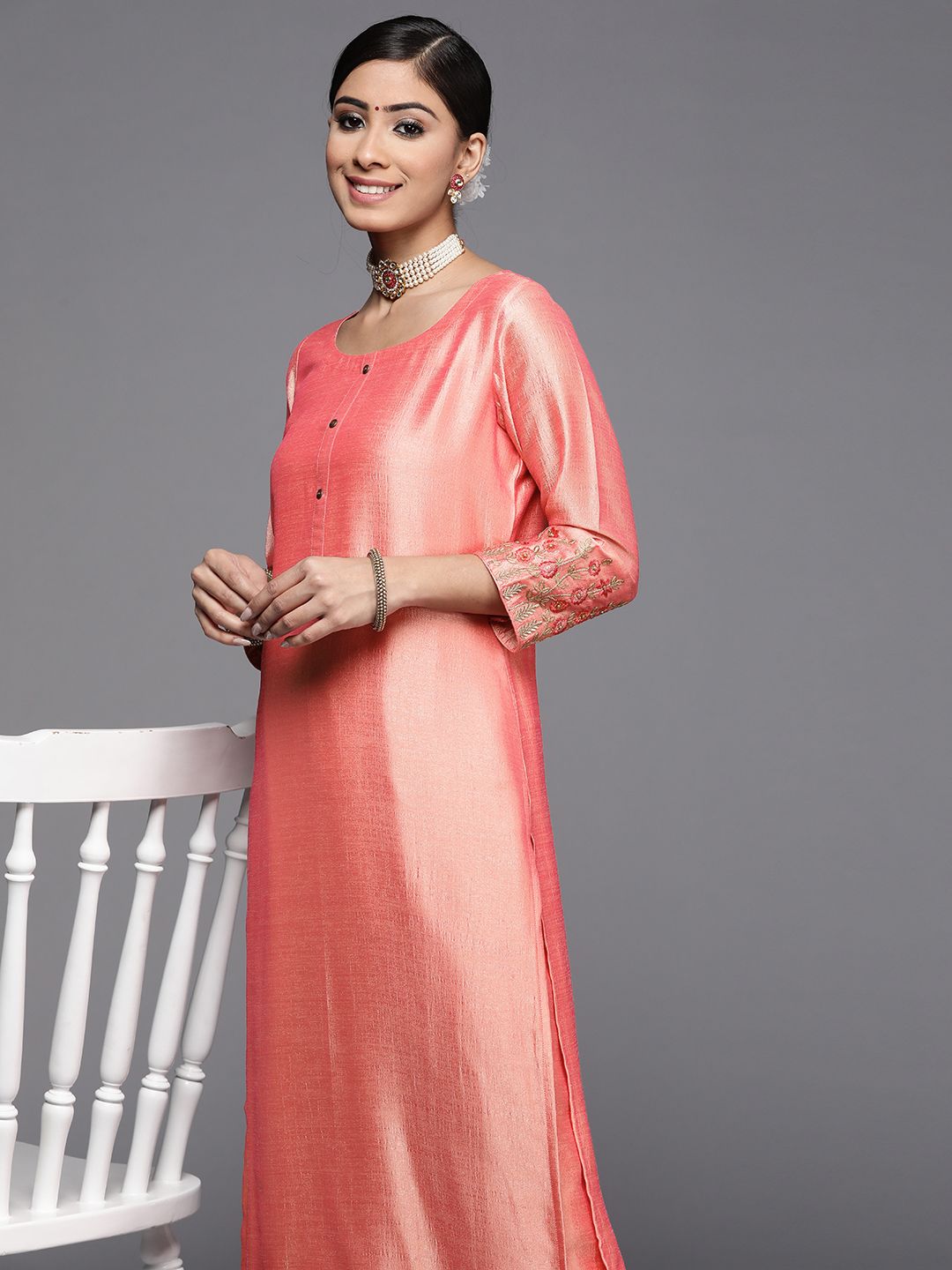 Libas Women Peach-Coloured Thread Work Kurta Price in India