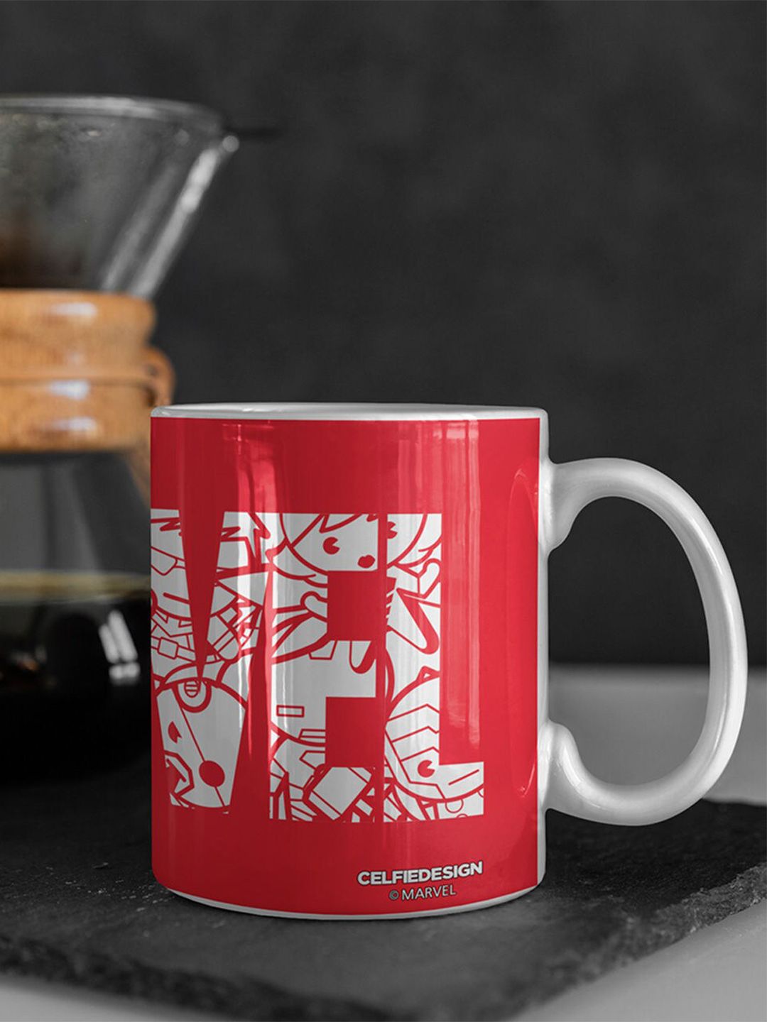 macmerise Red & White Marvel Logo Kawaii Printed Ceramic Glossy Mug Price in India