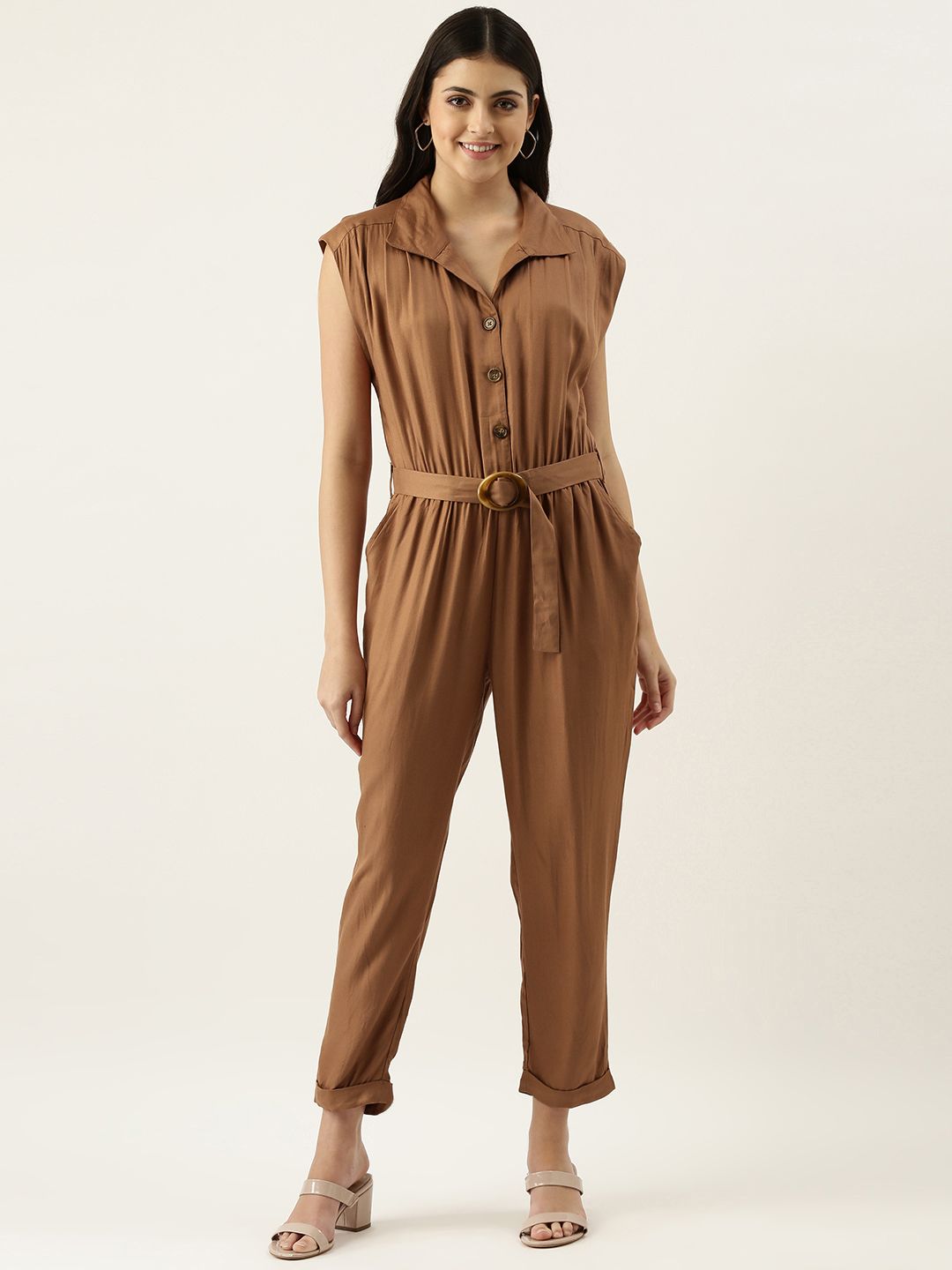FOREVER 21 Brown Pleated Basic Jumpsuit Price in India