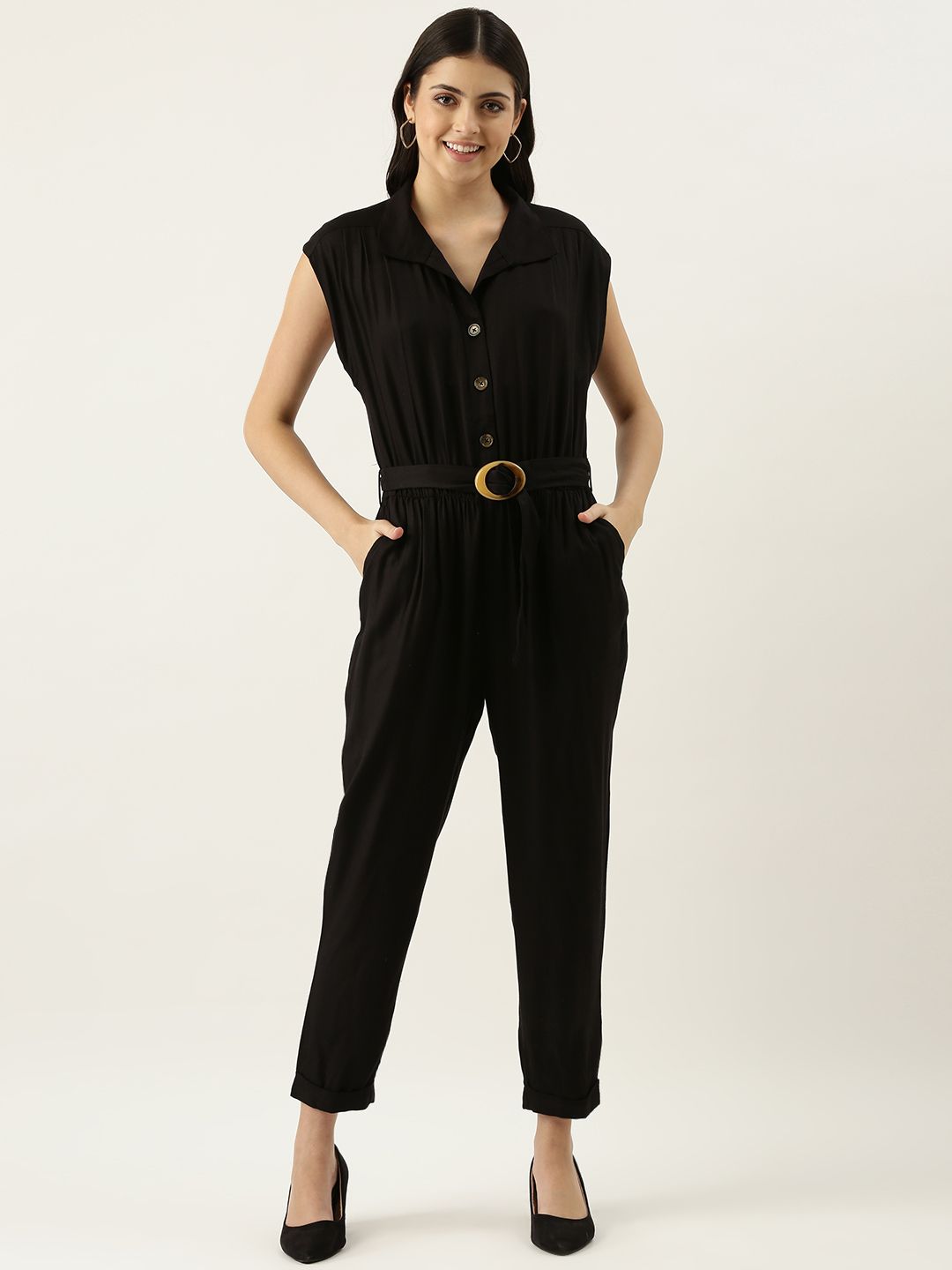 FOREVER 21 Black Pleated Basic Jumpsuit Price in India