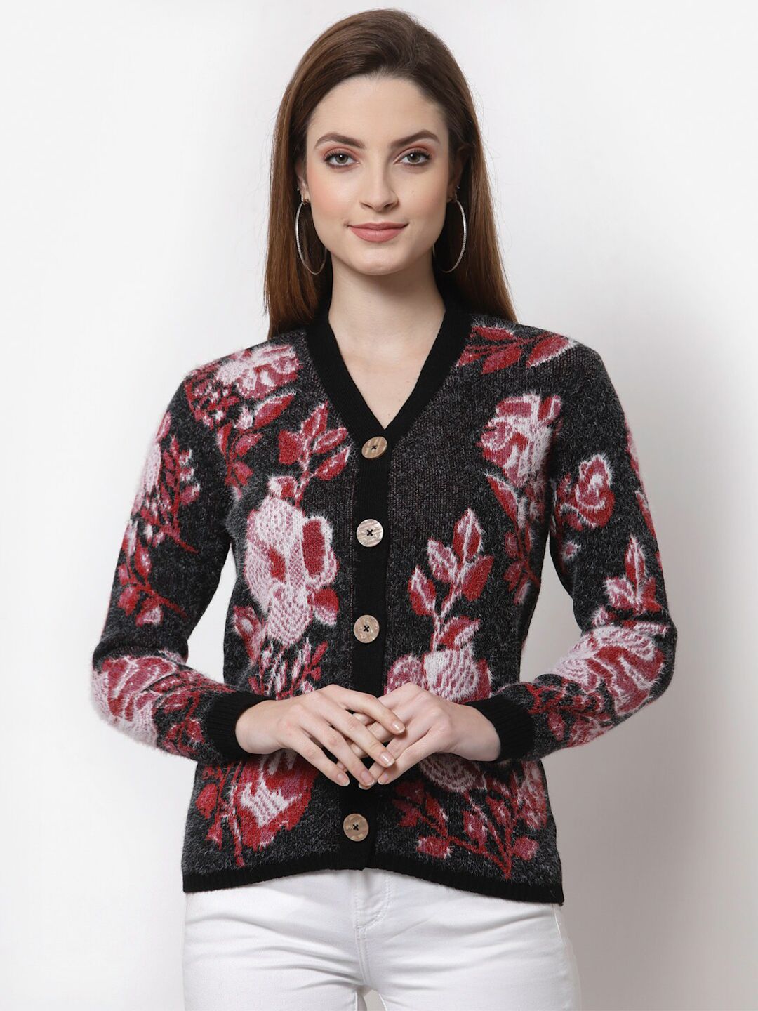 Kalt Women Black & Pink Floral Printed Cardigan Price in India