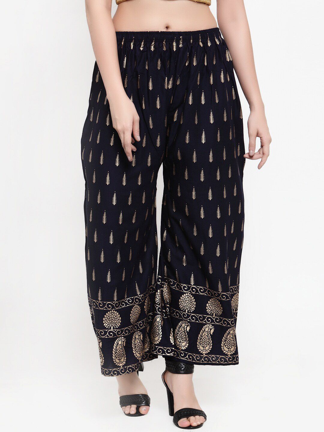 Miaz Lifestyle Women Navy Blue & Gold-Toned Printed Flared Ethnic Palazzos Price in India