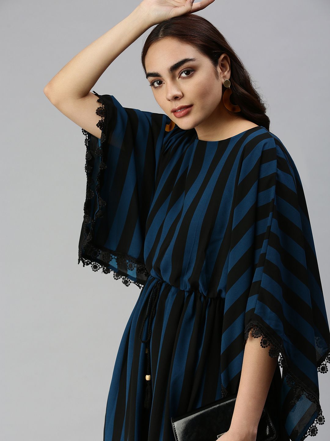 SHOWOFF Black Striped Georgette A-Line Midi Dress Price in India