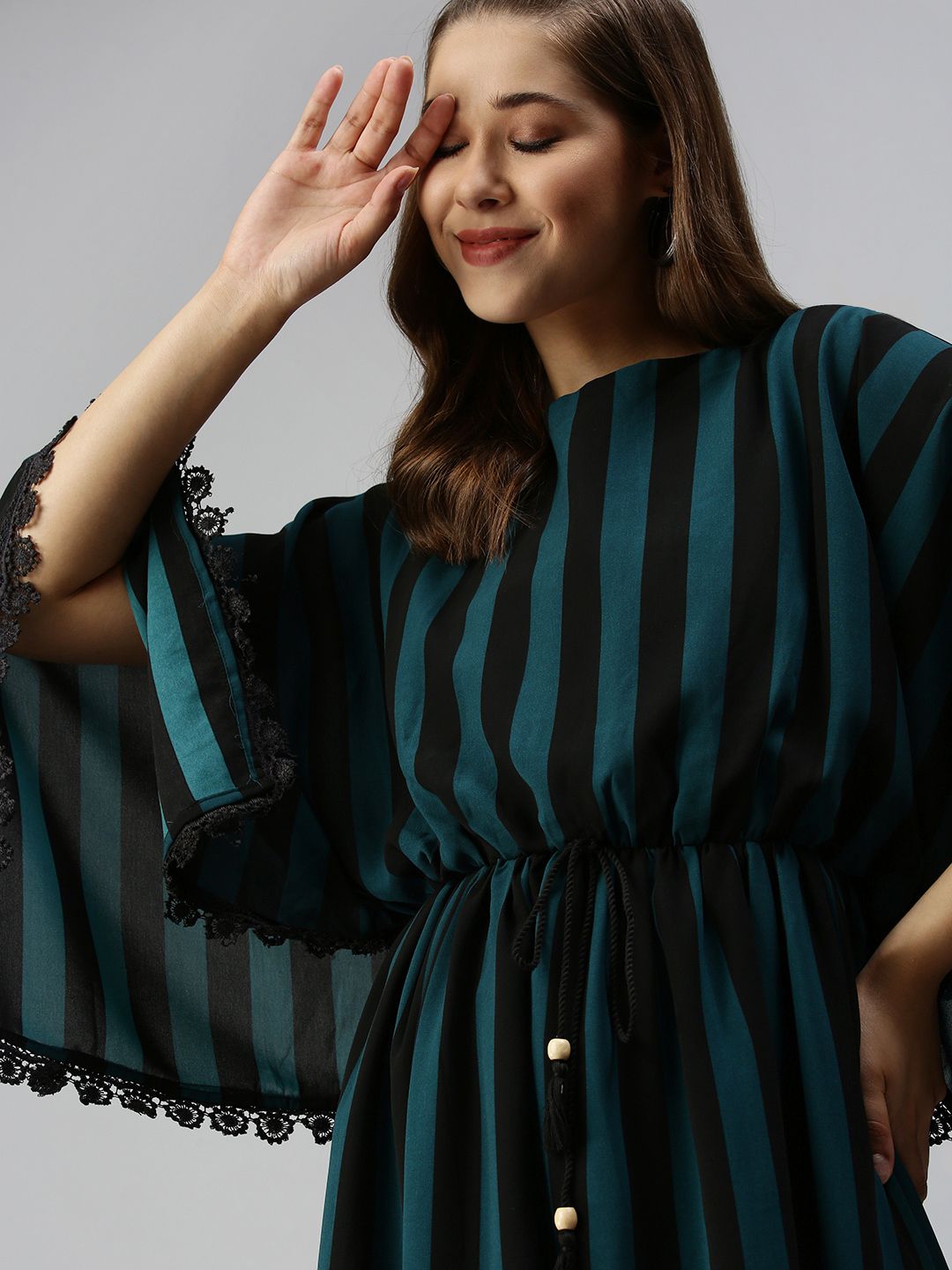 SHOWOFF Black Striped Georgette Kaftan Dress Price in India