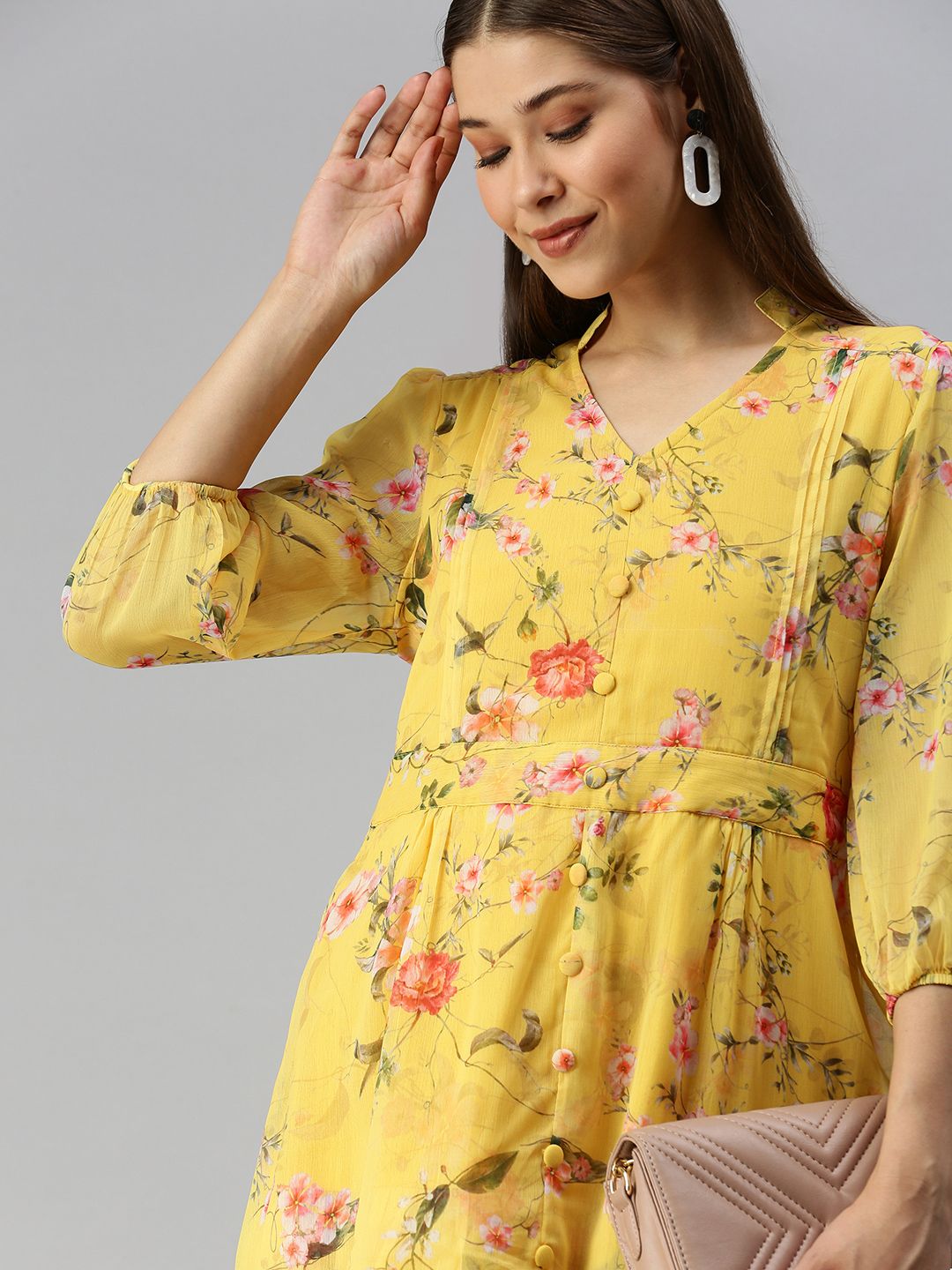 SHOWOFF Yellow Floral Layered Crepe A-Line Midi Dress Price in India