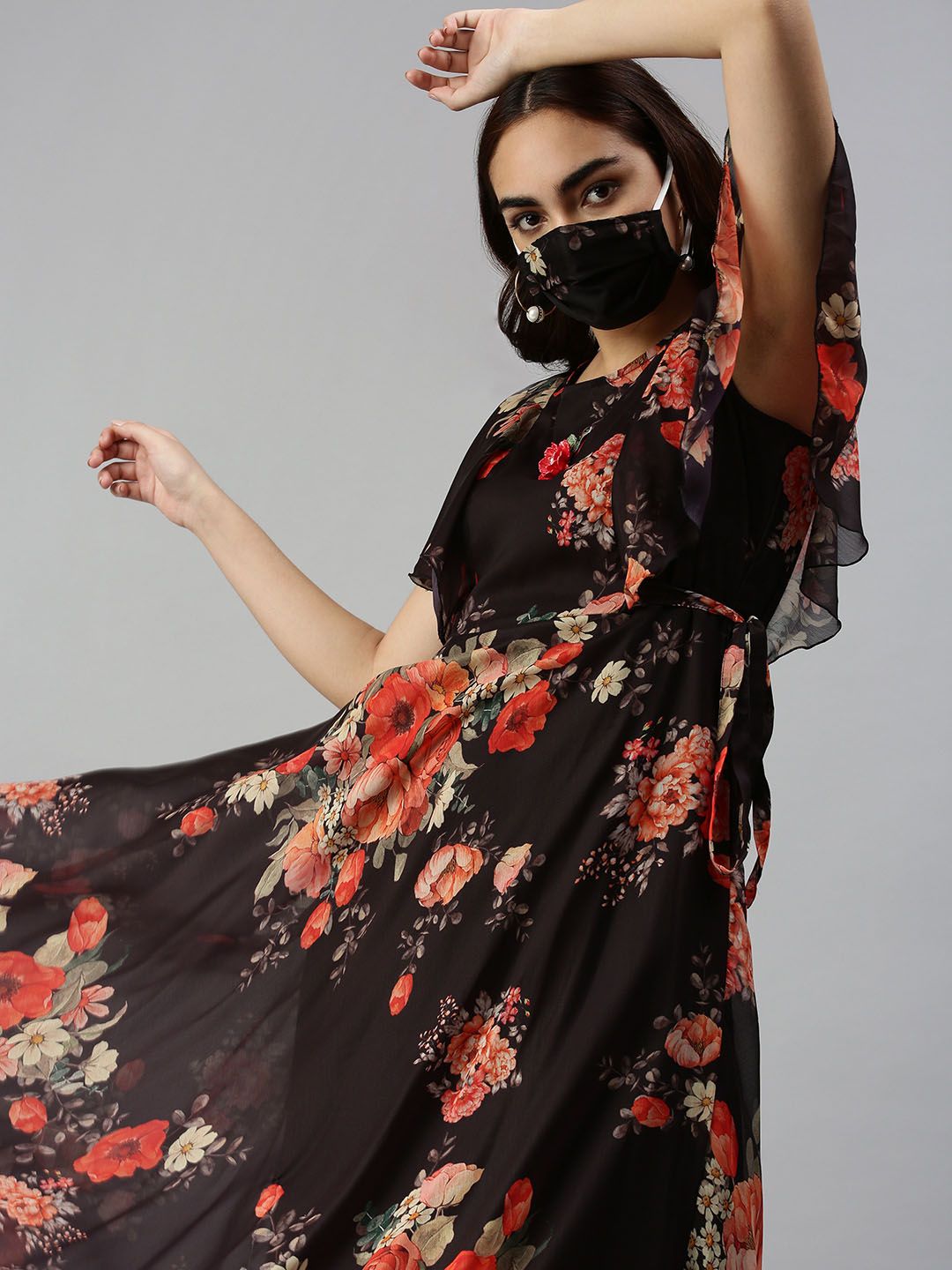 SHOWOFF Black Floral Chiffon Midi Dress Price in India