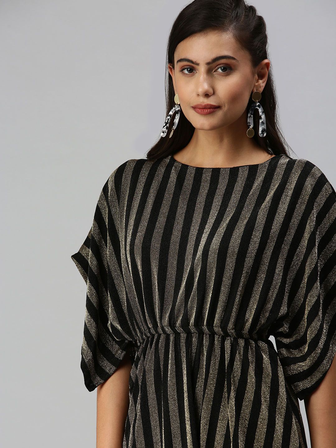 SHOWOFF Copper-Toned Striped Blouson Dress Price in India