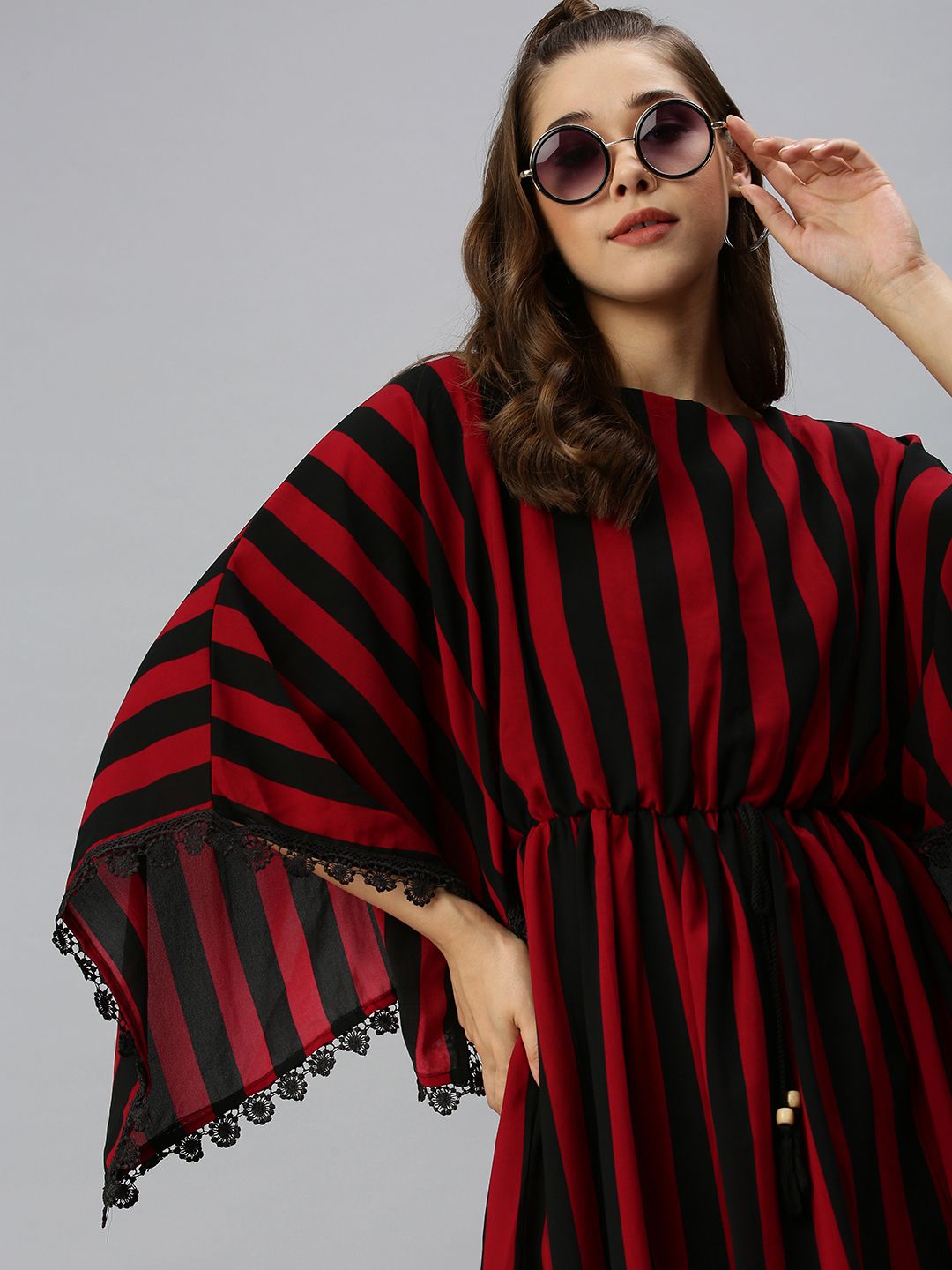 SHOWOFF Black Striped Georgette Kaftan Dress Price in India