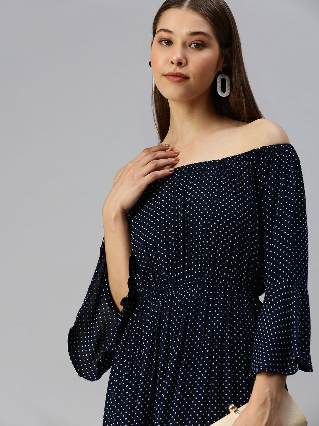 SHOWOFF Navy Blue Off-Shoulder Polka Dots Printed A-Line Dress Price in India