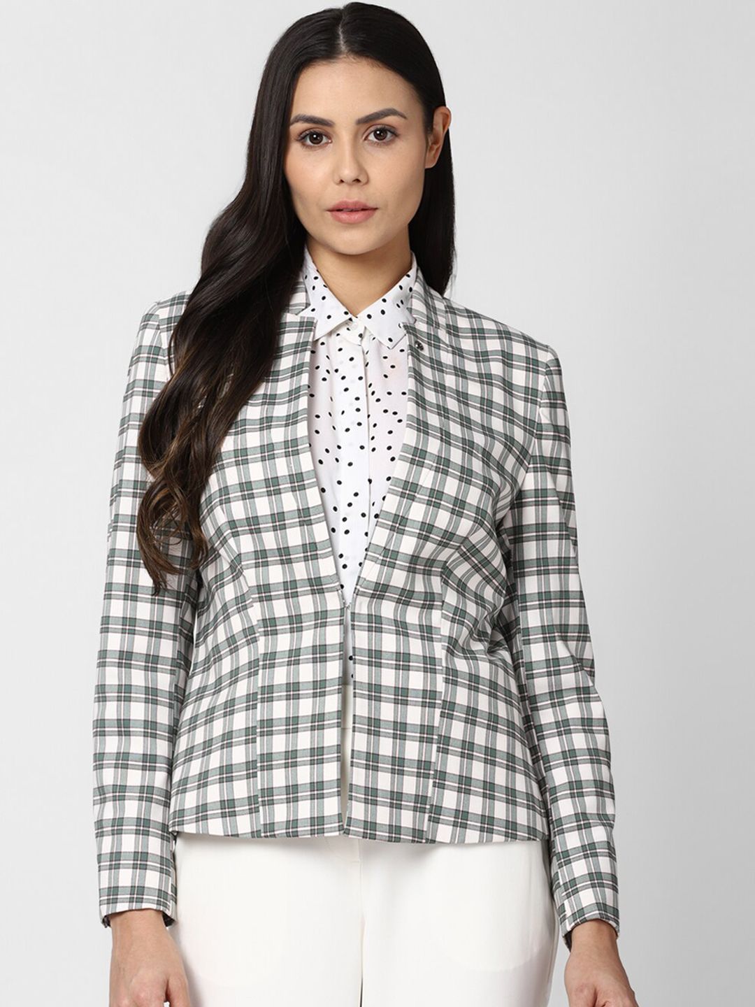 Van Heusen Woman Grey & White Checked Single-Breasted Casual Blazer Price in India