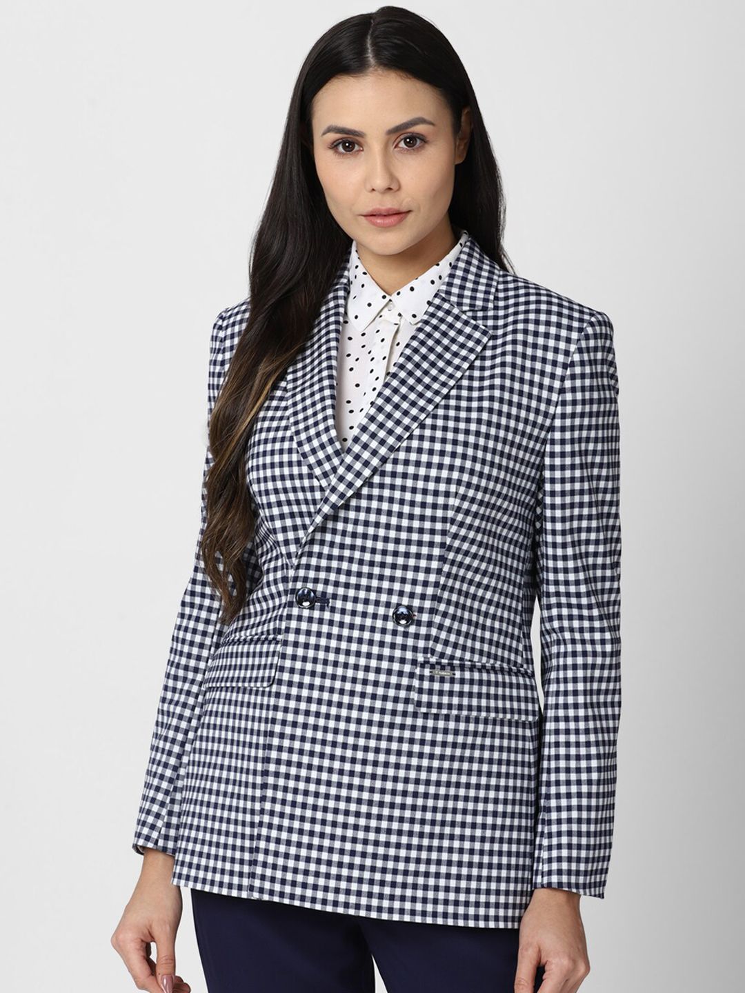 Van Heusen Woman Women Navy Blue Checked Slim-Fit Single Breasted Casual Blazer Price in India