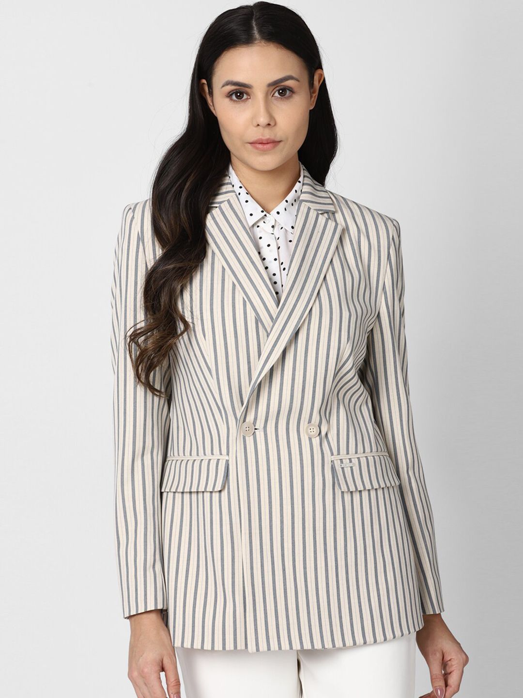 Van Heusen Woman Beige & Grey Striped Single-Breasted Formal Blazer Price in India