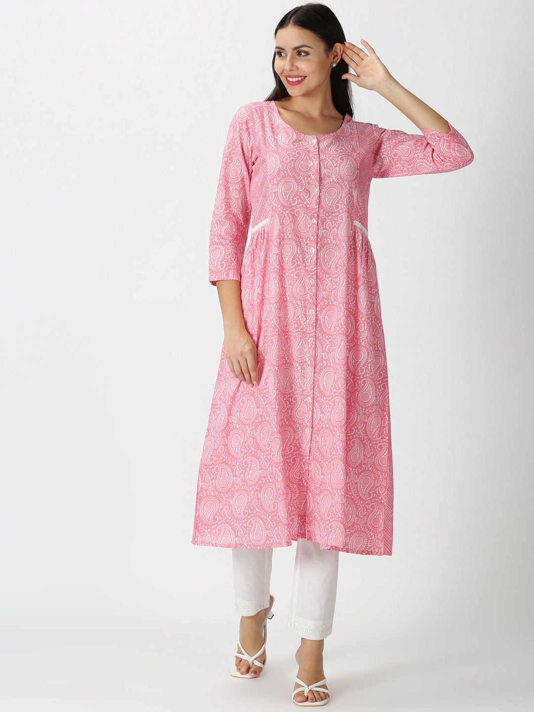 Saffron Threads Women Paisley Printed Panelled Button-Down Kurta with Lace Inserts Price in India