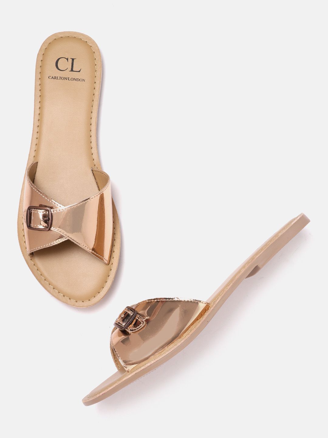 Carlton London Women Rose Gold-Toned Glossy Finish Open Toe Flats with Buckles Price in India