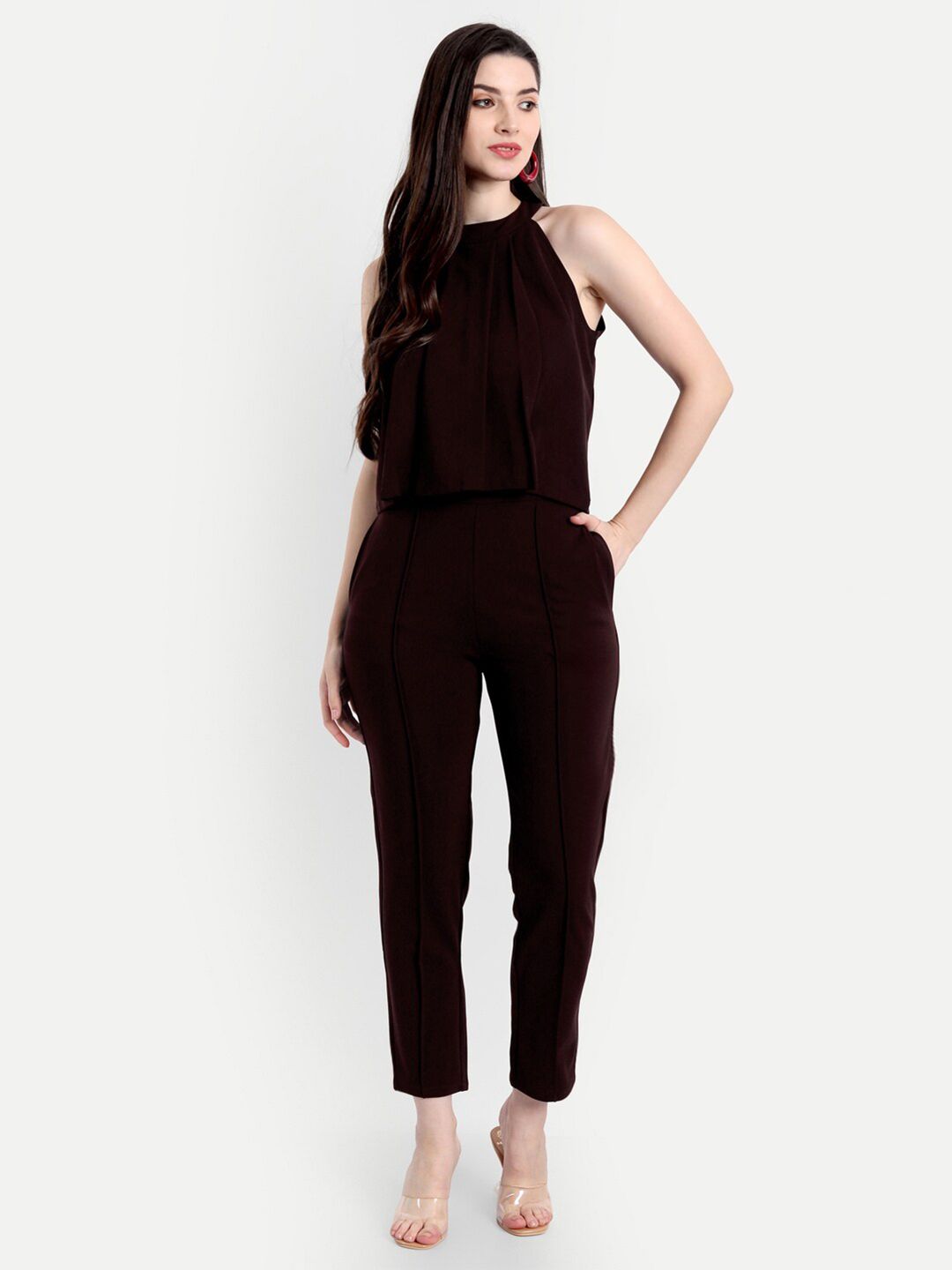 BROADSTAR Women Burgundy Solid Halter Neck Top With Trousers