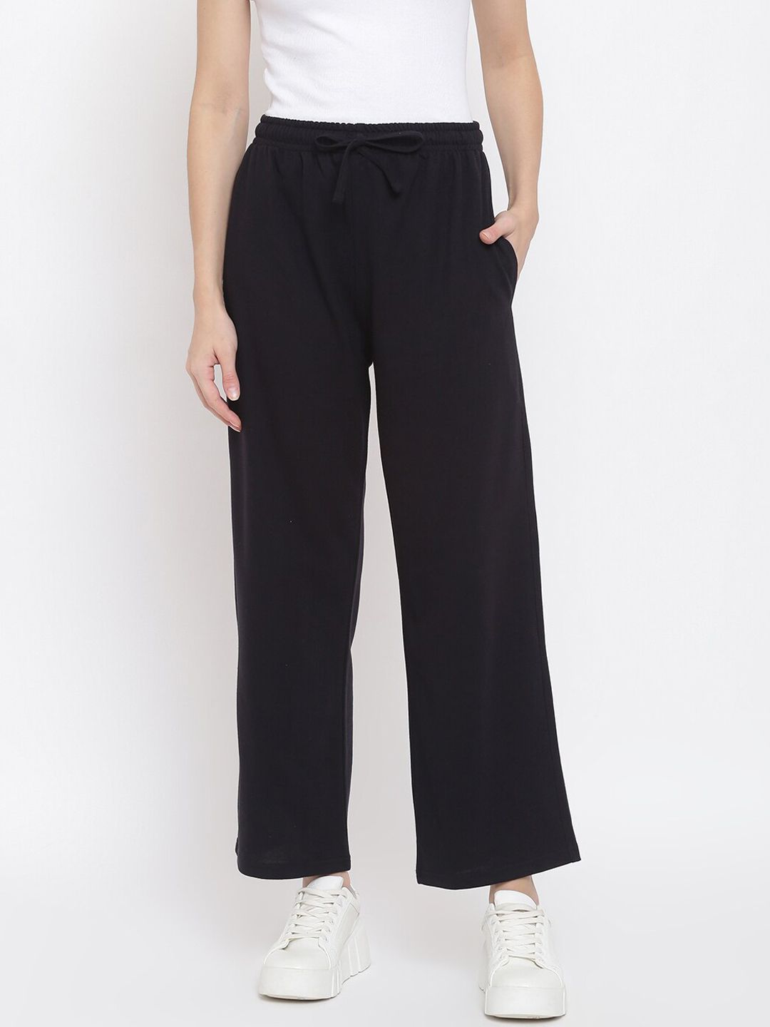 MKH Women Black Regular Fit Solid Wide-Leg Track Pants Price in India