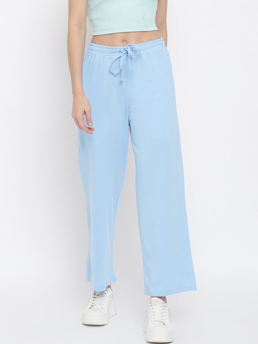 MKH Women Blue Solid Wide Leg Track Pants Price in India