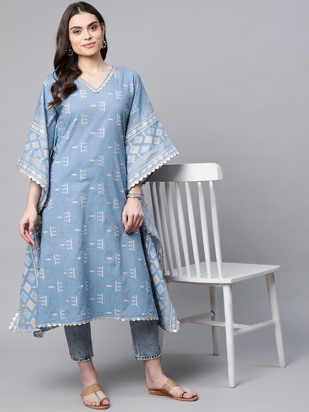 Ahalyaa Women Blue & White Ethnic Motifs Screen Printed Cotton Kaftan Kurta Price in India