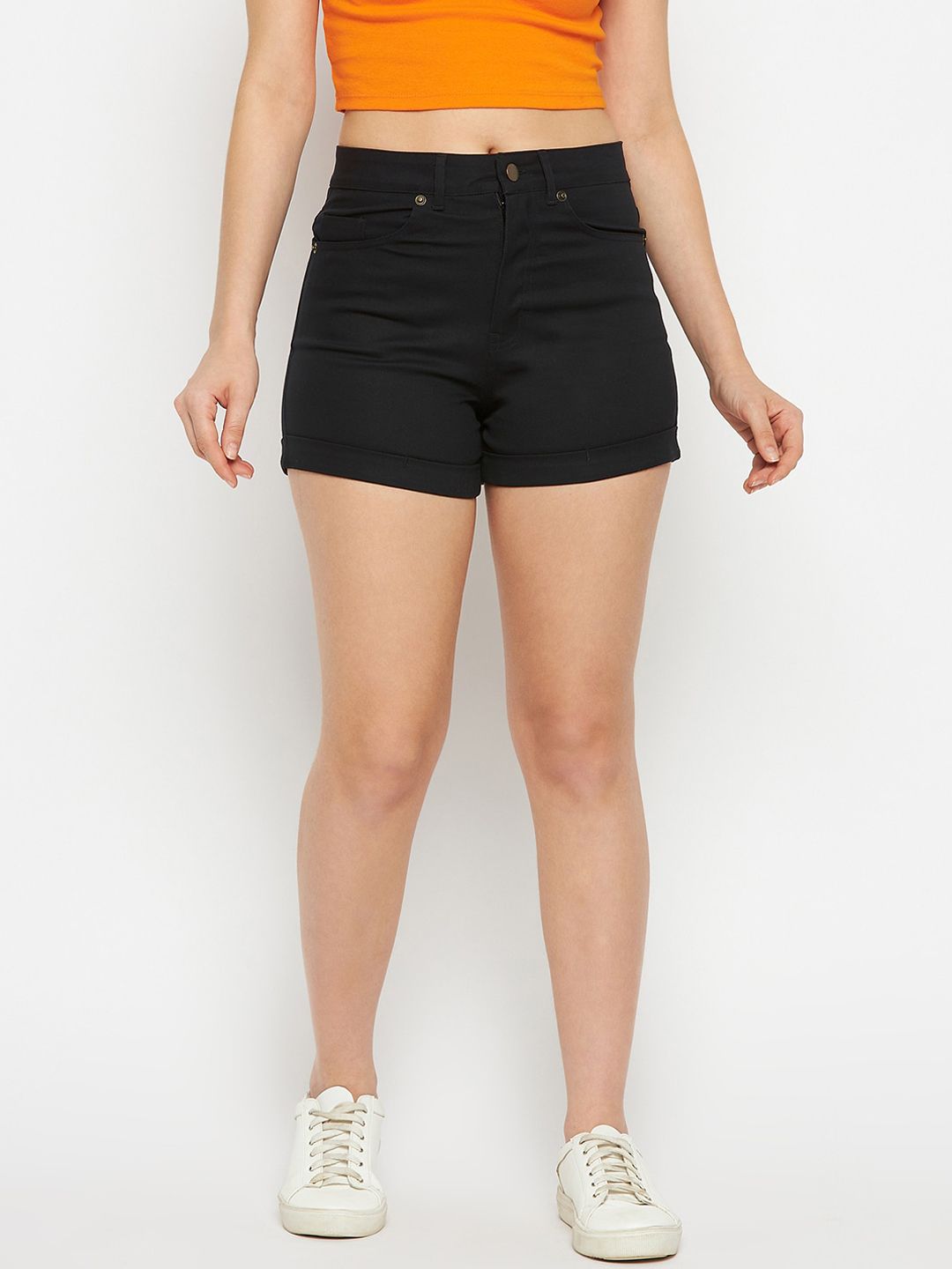 Hypernation Women Black Solid Slim Fit Outdoor Denim Shorts Price in India