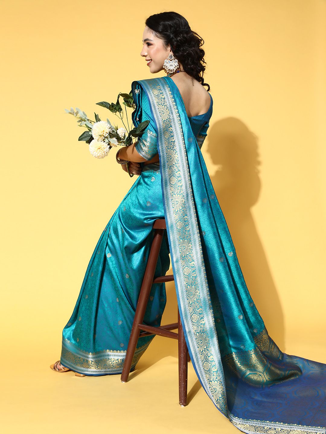 Mitera Teal & Gold-Toned Floral Woven Design Silk Blend Banarasi Saree Price in India